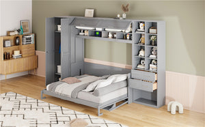 English Elm Queen Murphy Wall Bed Cabinet System with Wardrobe Drawers and Shelving in White Mdf LP000384AAE