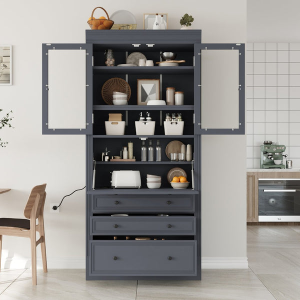 English Elm Topmax Shaker Pantry Cabinet with Drawers Power Outlet and Glass Doors SP000094AAE