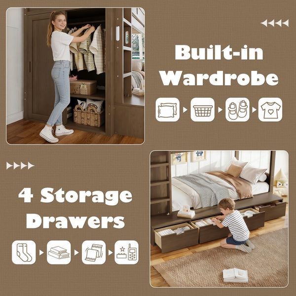 English Elm Twin Triple Bunk Bed Metal L-shaped Frame Sleeps Three Kids White Finish Brown W1580S00644