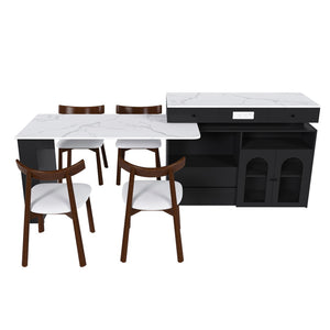 English Elm Kitchen Island Dining Set Marble Veneer Rotating Top Solid Wood Chairs Retro Modern White W2700S00121