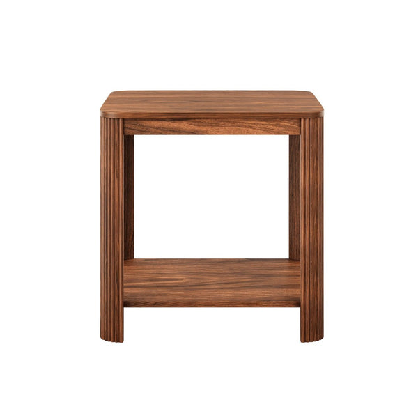 English Elm Rounded Square End Tables Set of 2 Boho Walnut with Wave Legs and Open Shelf W5563P449956