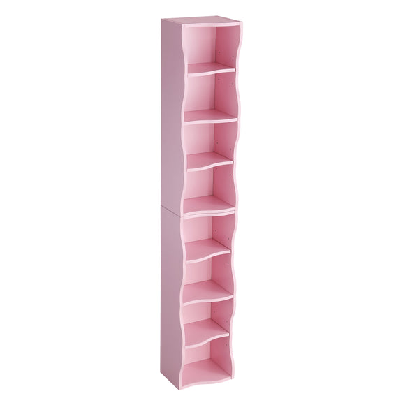 English Elm 8-layer ultra-thin 8-tier tall bookshelf with wavy edge design, space-saving display shelf for home office Pink W487P339355