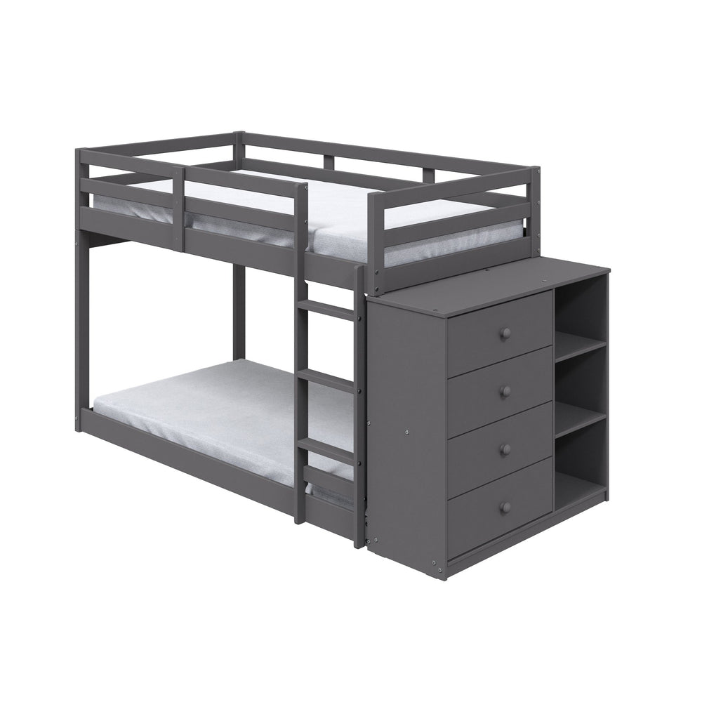 English Elm Gaston Gray Twin/Twin Bunk Bed with 4 Drawers & 3 Compartments, Slats, Fixed Ladder, 34" Clearance B2726S00490