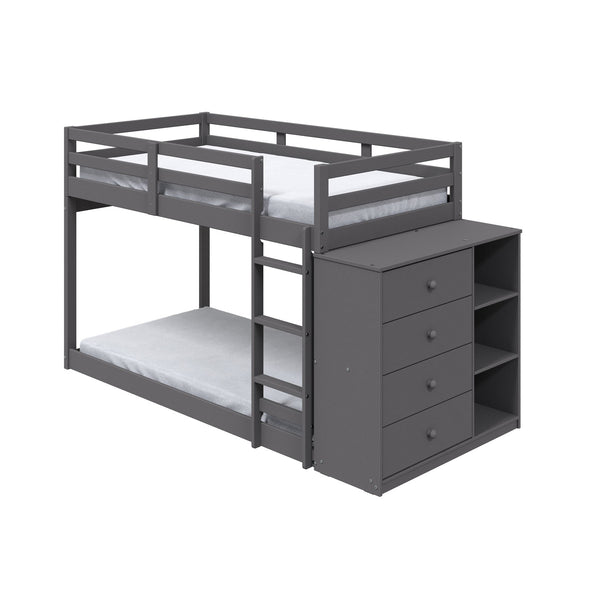 English Elm Gaston Gray Twin/Twin Bunk Bed with 4 Drawers & 3 Compartments, Slats, Fixed Ladder, 34" Clearance B2726S00490