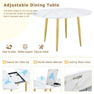 English Elm Table and Chair Set Extendable Round Mdf Dining with Gold Legs Four Pu Seats W1151S03954