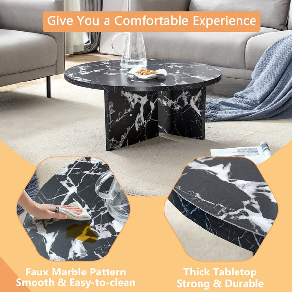 English Elm Versatile MDF Round Coffee Table with Modern Minimalist Nordic Design, Durable Scratch-Resistant Top Black,Black White W3226P278920