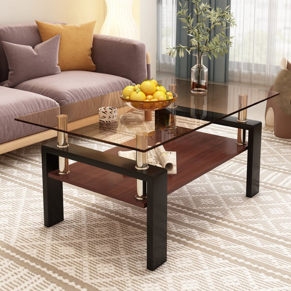 English Elm Rectangle Coffee Table - Modern Tempered Glass Top With Mdf Shelf, Stylish Living Room Centerpiece W241P181459-GIGA