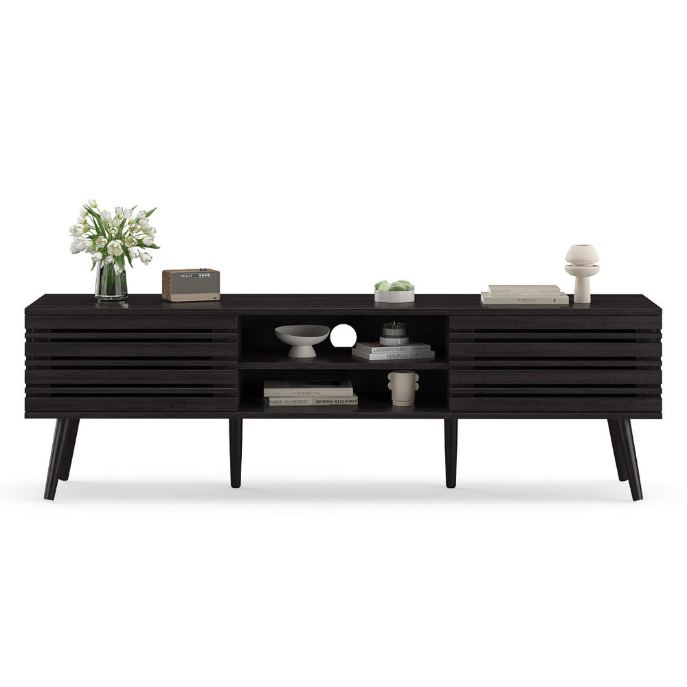 English Elm Mid Century Modern Fluted Wood Media Console with Storage Cabinets for Living Room Dark Walnut T3623P435375
