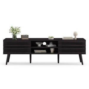 English Elm Mid Century Modern Fluted Wood Media Console with Storage Cabinets for Living Room Dark Walnut T3623P435375