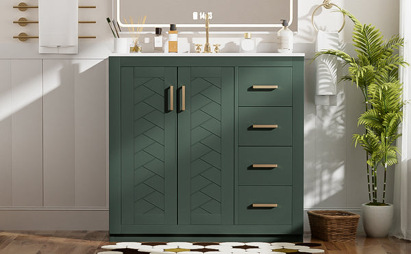 English Elm 36'' Bathroom Vanity with Ceramic Sink Combo Solid Wood Frame Soft-Closing Drawers Ample Storage Elegance Green N710P243327F