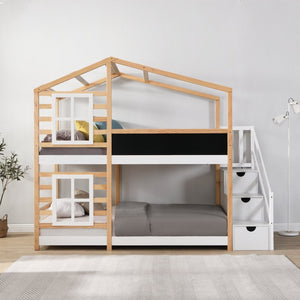 English Elm Twin Over Solid Pine House Bunk Bed with Blackboard Storage Staircase W495S00012