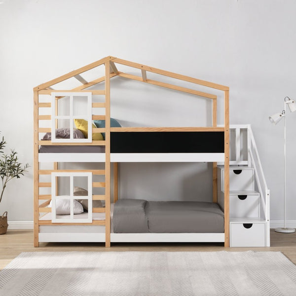 English Elm Twin Over Solid Pine House Bunk Bed with Blackboard Storage Staircase W495S00012