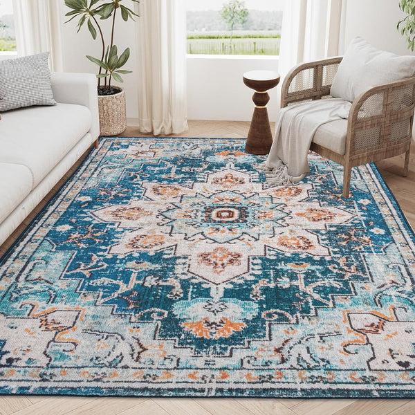 English Elm Area Rug 6X9 Vintage Bohemia Floral Design In Blue/Gold – Non-Slip, Washable For Living Spaces W2907P265141