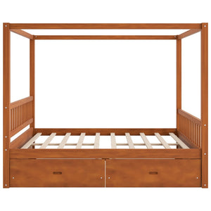 English Elm Wooden Canopy Queen Bed Solid Frame with Built-in Storage Drawers Slatted Base Walnut N7090005036L