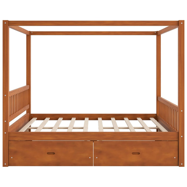 English Elm Wooden Canopy Queen Bed Solid Frame with Built-in Storage Drawers Slatted Base Walnut N7090005036L
