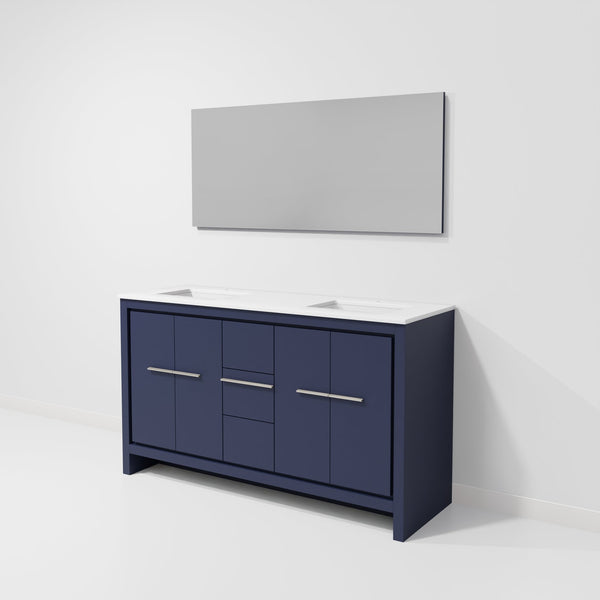 English Elm Navy Blue Double Bath Vanity With Cultured Marble Top, Soft-Close Storage & Matching 55" Mirror B2731S01495