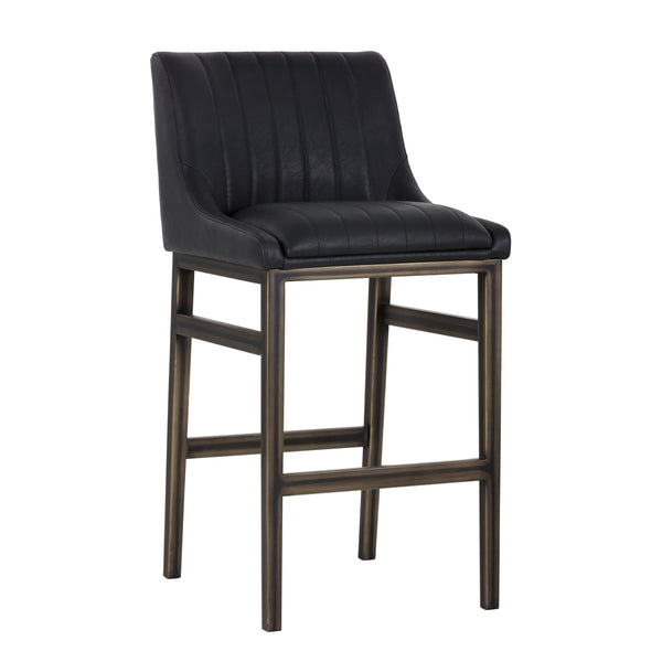 Sunpan Halden Urban Bar Stool with Bold Channel Tufting and Rustic Bronze Steel Frame for Stylish Spaces Vintage Black