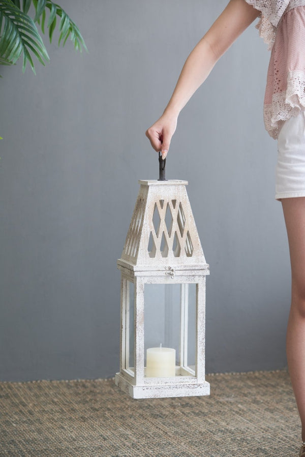 English Elm Set of 2 French Country Fir Wood Lanterns with Carved Lattice Tops Weathered White Finish W2078P495672