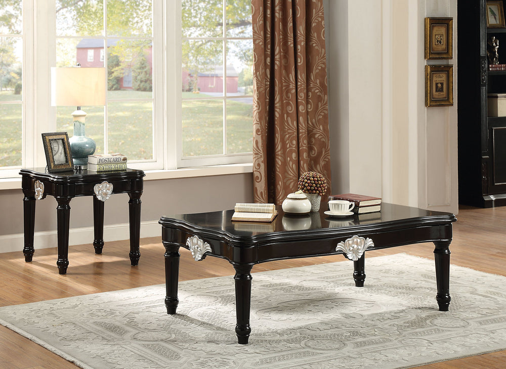 English Elm Black Black Coffee Table with Scalloped Wooden Top and Turned Legs, Durable Poplar Craftsmanship 92 B062P209075