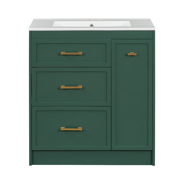 English Elm Classic 30" Forest Green Bathroom Vanity with Gold Handles, Double-Layer Drawer, Ceramic Sink Elegance N729P194978F