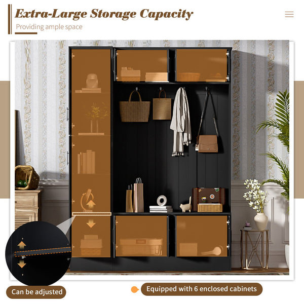 English Elm VIBE Modern 79" Hall Tree with 6 Cabinets, Bench Seating, Adjustable Shelf & 4 Metal Hooks for Entryway Black SJ000148AAB