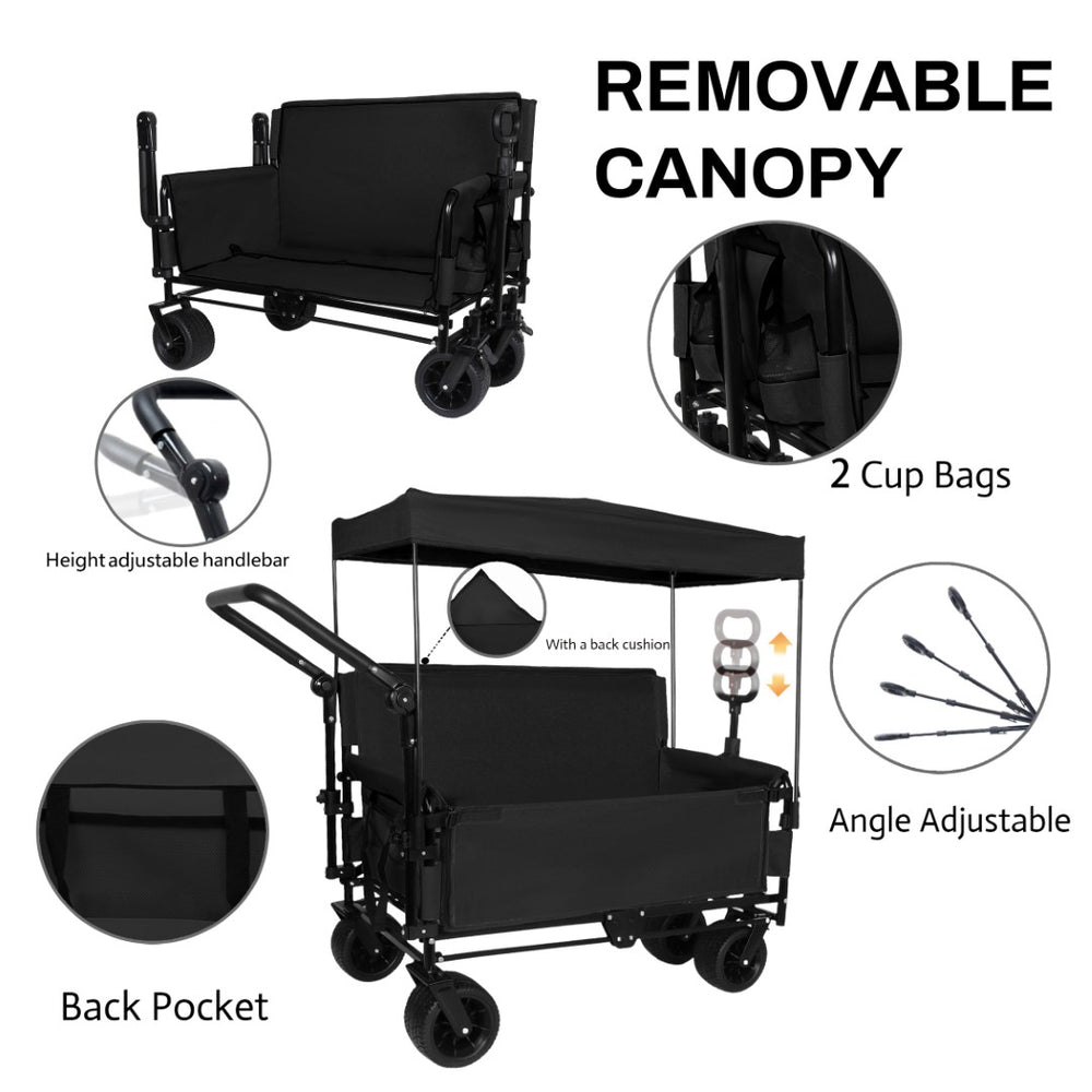 English Elm 3-in-1 Folding Wagon with Canopy Bench Seat 500lb All Terrain Heavy Duty Cart Black W2932P354213