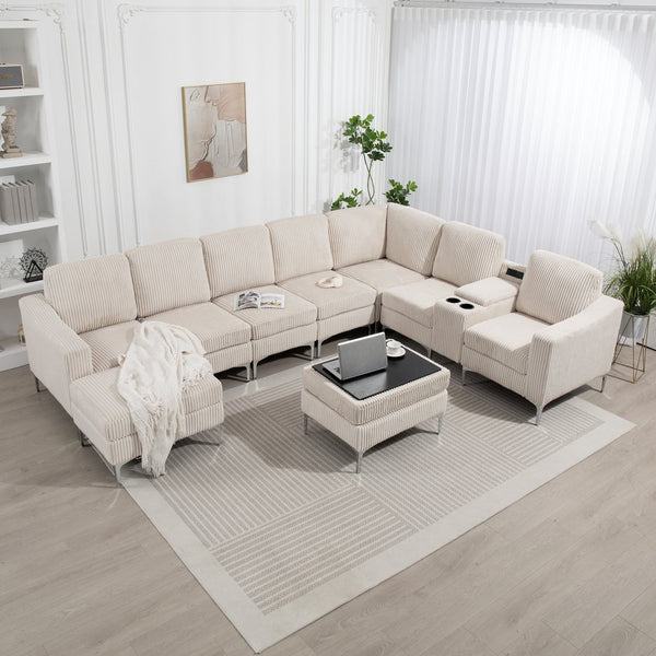 English Elm Convertible Sectional Sofa With Storage Ottoman, Cupholders & Usb Ports - Modern Comfort For Living Spaces W3098S00034