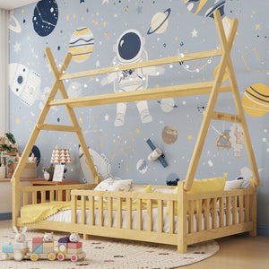 English Elm Twin Montessori Floor Bed House Frame with Led Lighting and Safety Rails for Kids Natural W2593P440573