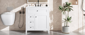 English Elm 30-Inch Contemporary Bathroom Vanity with Sink, MDF & Rubberwood, Glossy Finish, 3 Drawers + Cabinet White N725P350819K