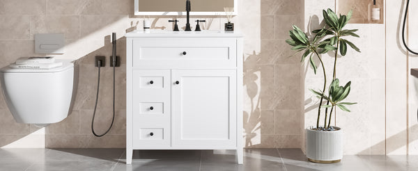 English Elm 30-Inch Contemporary Bathroom Vanity with Sink, MDF & Rubberwood, Glossy Finish, 3 Drawers + Cabinet White N725P350819K