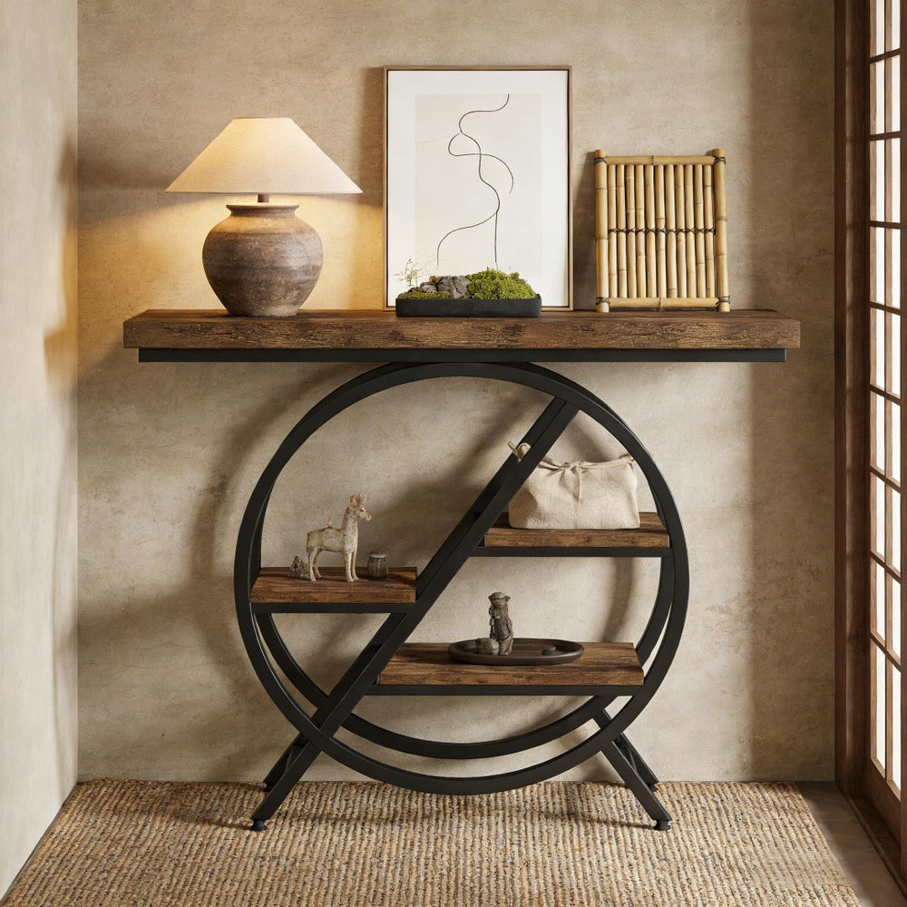 English Elm Hall Console Table Faux Marble Top Gold Geometric Base Modern Entryway Accent T3971P451093