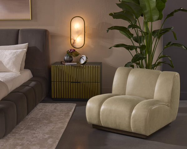 Sunpan Blaise Swivel Lounge Chair - Luxurious Sahara Sand Leather with Dark Brown Rubberwood Base Design