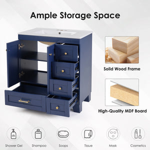English Elm 30" Vanity with Ceramic Sink and Solid Wood Frame, Soft-Close Drawers, Compact Coastal Style, Durable Construction Blue W2896P344081