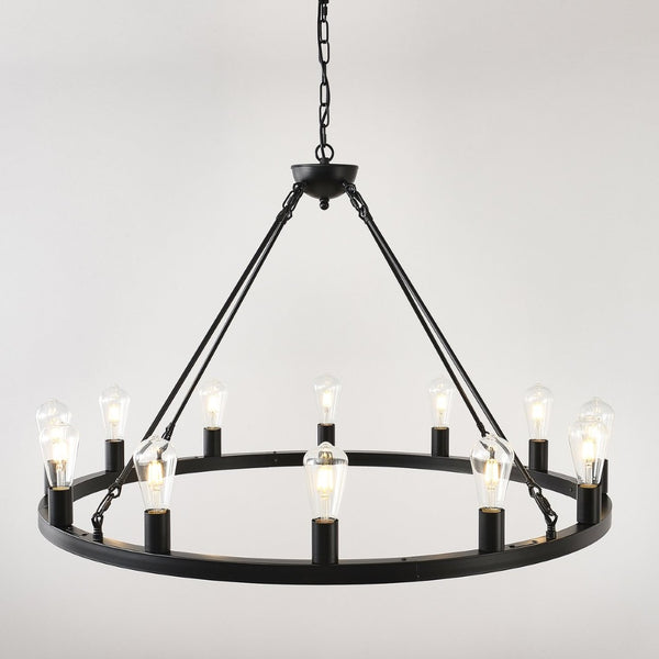 English Elm 39.4 Inch Wagon Wheel Chandelier 12-light Matte Black Farmhouse Pendant for Foyer Dining W5008P389282