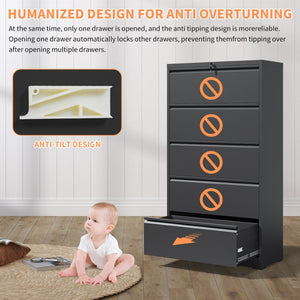 English Elm 5 Drawer Steel Lateral Filing Cabinet Lockable Home Office Organizer Matte Finish Black T2398S00005