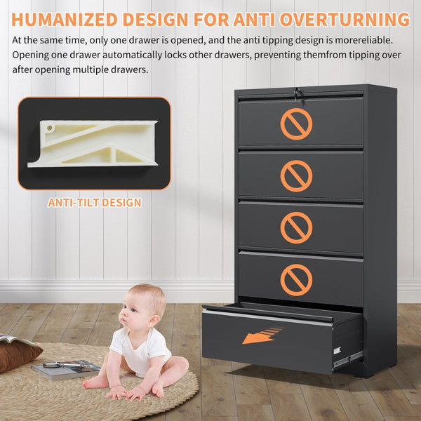 English Elm 5 Drawer Steel Lateral Filing Cabinet Lockable Home Office Organizer Matte Finish Black T2398S00005