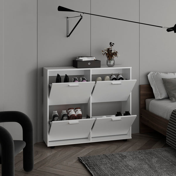 English Elm Opal Four-Door Shoe Cabinet with 20-Pair Capacity, Segmented Shelves, Modern White Finish B200P335358