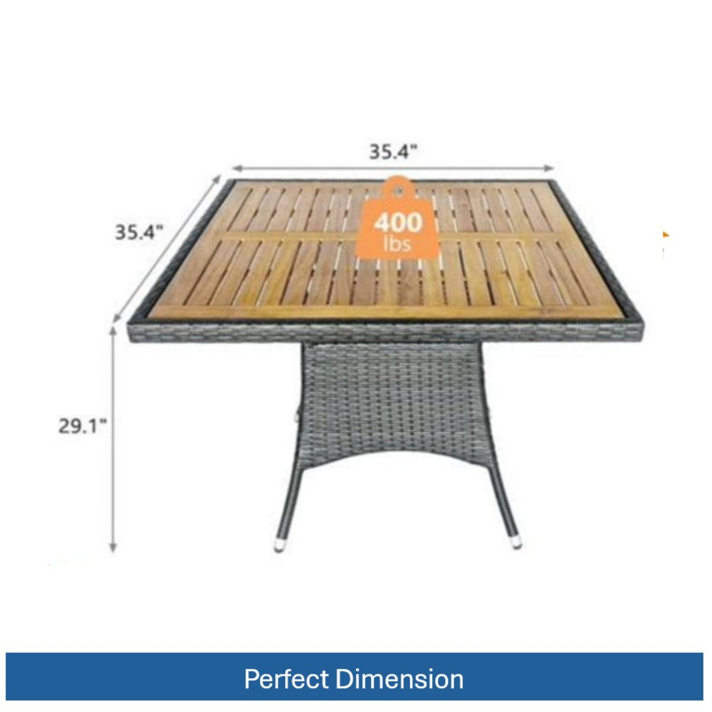 English Elm 1-piece Square Acacia Wood Top Hand-woven Pe Rattan Outdoor Patio Dining Table Gray B082P455163