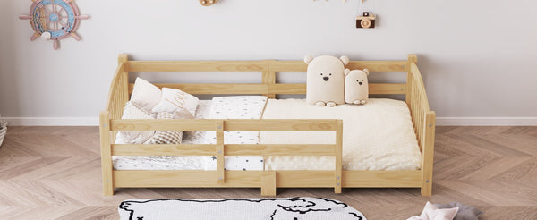 English Elm Twin Montessori Floor Bed Solid Pine Frame with Safety Guardrails for Kids Bedroom Natural N733P400298N