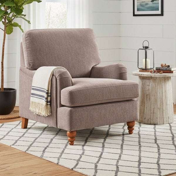 English Elm Candor Overstuffed Accent Chair with English Roll Arms and Walnut Turned Legs Brown B050P466462