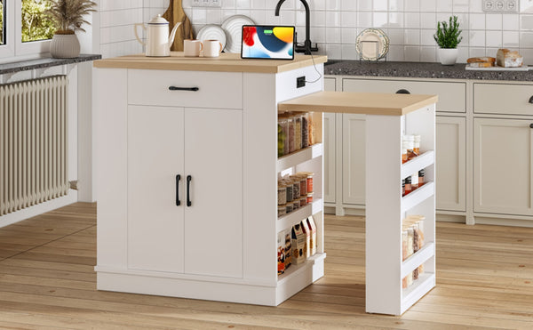 English Elm Extendable Kitchen Island with Storage Drawers Open Shelving and Cabinet in White W1580S00273