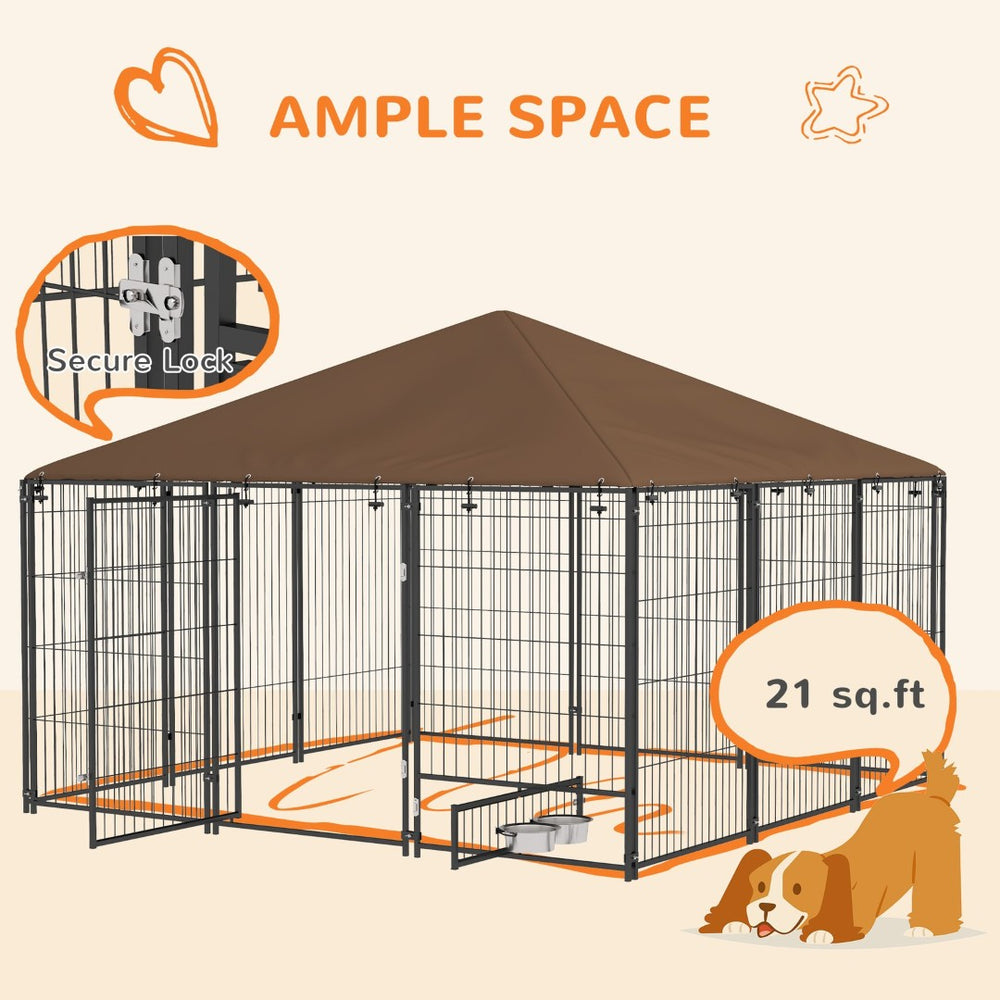 English Elm Pawhut Outdoor Steel Wire Dog Kennel with Canopy Roof and Rotating Feeding Bowl W2225P229078