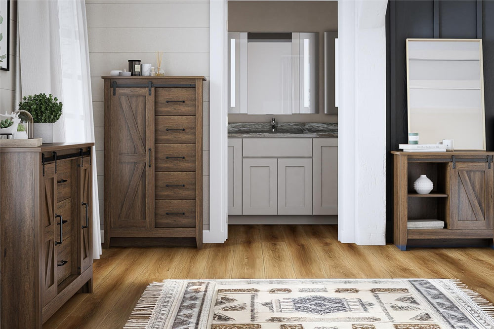 English Elm Alton Farmhouse Chest with Sliding Barn Door Five Drawers and Matte Black Hardware Walnut B2733S00015
