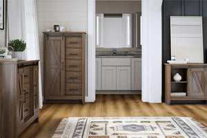 English Elm Alton Farmhouse Chest with Sliding Barn Door Five Drawers and Matte Black Hardware Walnut B2733S00015