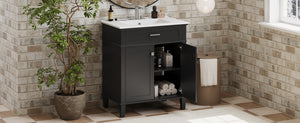 English Elm 30-inch bathroom vanity with ceramic basin, solid wood frame, soft-close doors and adjustable shelves for organized style and lasting durability Black N729P173380B