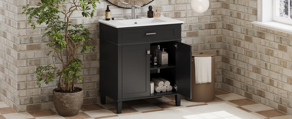 English Elm 30-inch bathroom vanity with ceramic basin, solid wood frame, soft-close doors and adjustable shelves for organized style and lasting durability Black N729P173380B