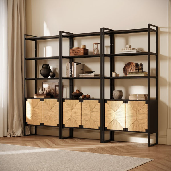 English Elm Natural Rattan Bookshelf with Matte Black Frame Open Display and Closed Storage Cabinet W2263P395493