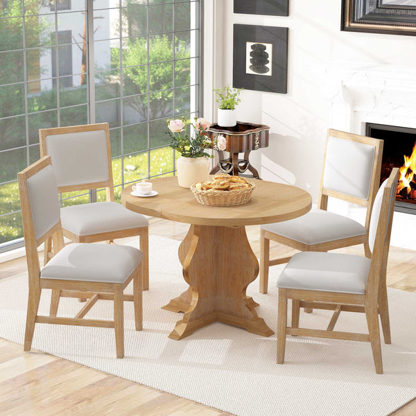 English Elm TREXM Extendable Farmhouse Dining Set with 4 Upholstered Chairs, Solid Rubberwood Frame, Durable Finish Natural Wood Wash ST000150AAD