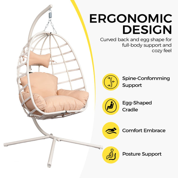 English Elm Egg Hanging Chair with Stand Pe Rattan Swing Seat Washable Cushion Patio Bedroom T5880P497429