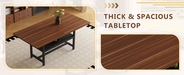 English Elm 71 Inch Fashionable Walnut Grain Dining Table with Sturdy Metal Legs, Scratch-Resistant MDF Top, Storage Shelf, Minimalist Design Walnut+black W1151P364851